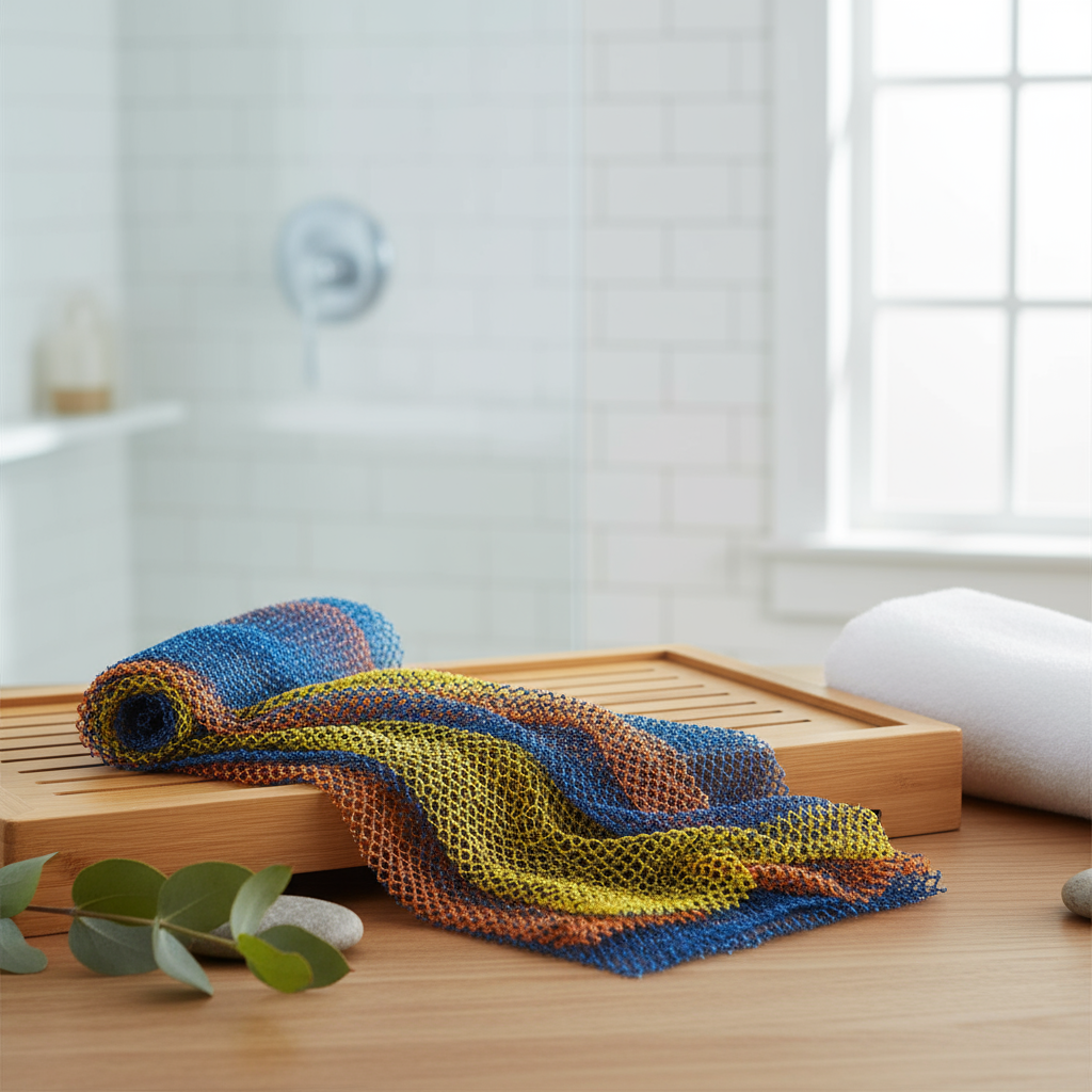 African Long Net Exfoliating Shower Scrubber in spa setting