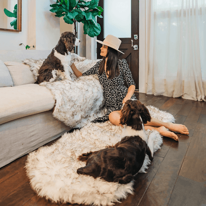 PupRug® Courbé Blanc avec Accents Marron - Matelas en Mousse à Mémoire et Faux Fourrure pour Chien