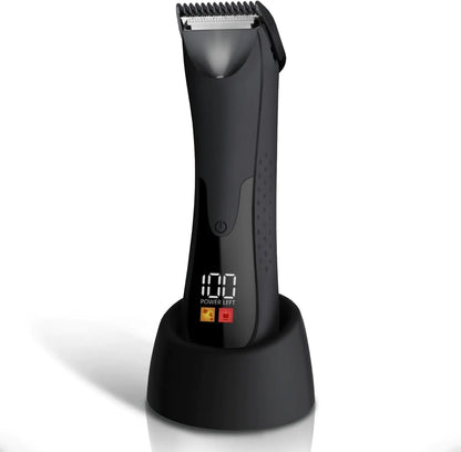 SmoothTrim Pro Groin Hair Trimmer - Electric Manscape Shaver for Men, Waterproof, Ceramic Blade, LED, Charging Base