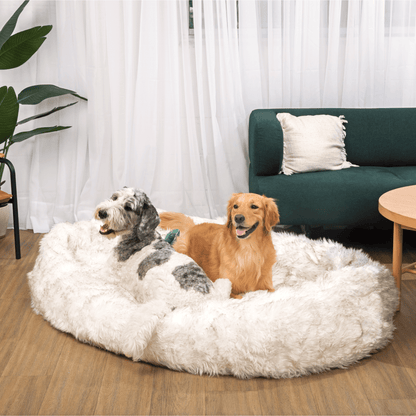 PupCloud™ Großer Faux Fur Memory Foam Hundebett – Weiß mit Braunen Akzenten für ultimativen Komfort