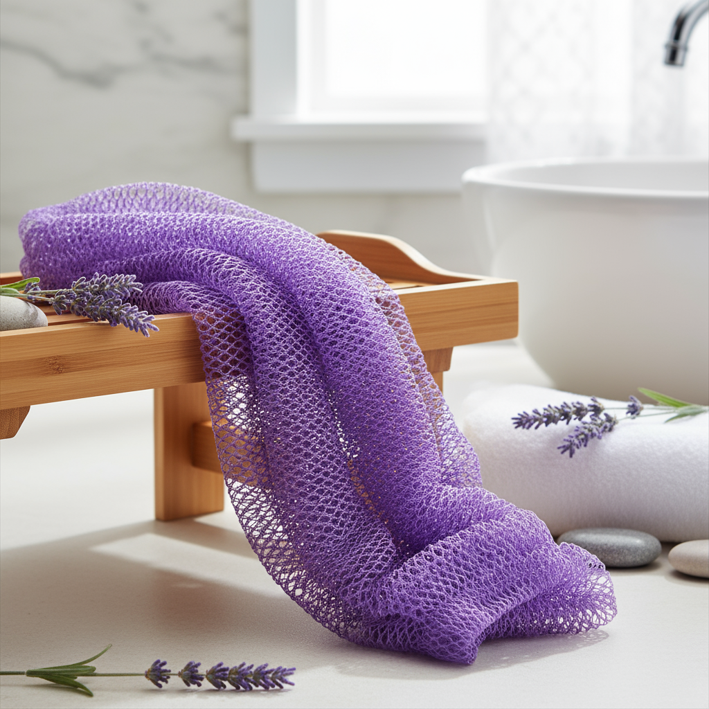 African Long Net Exfoliating Shower Scrubber in purple