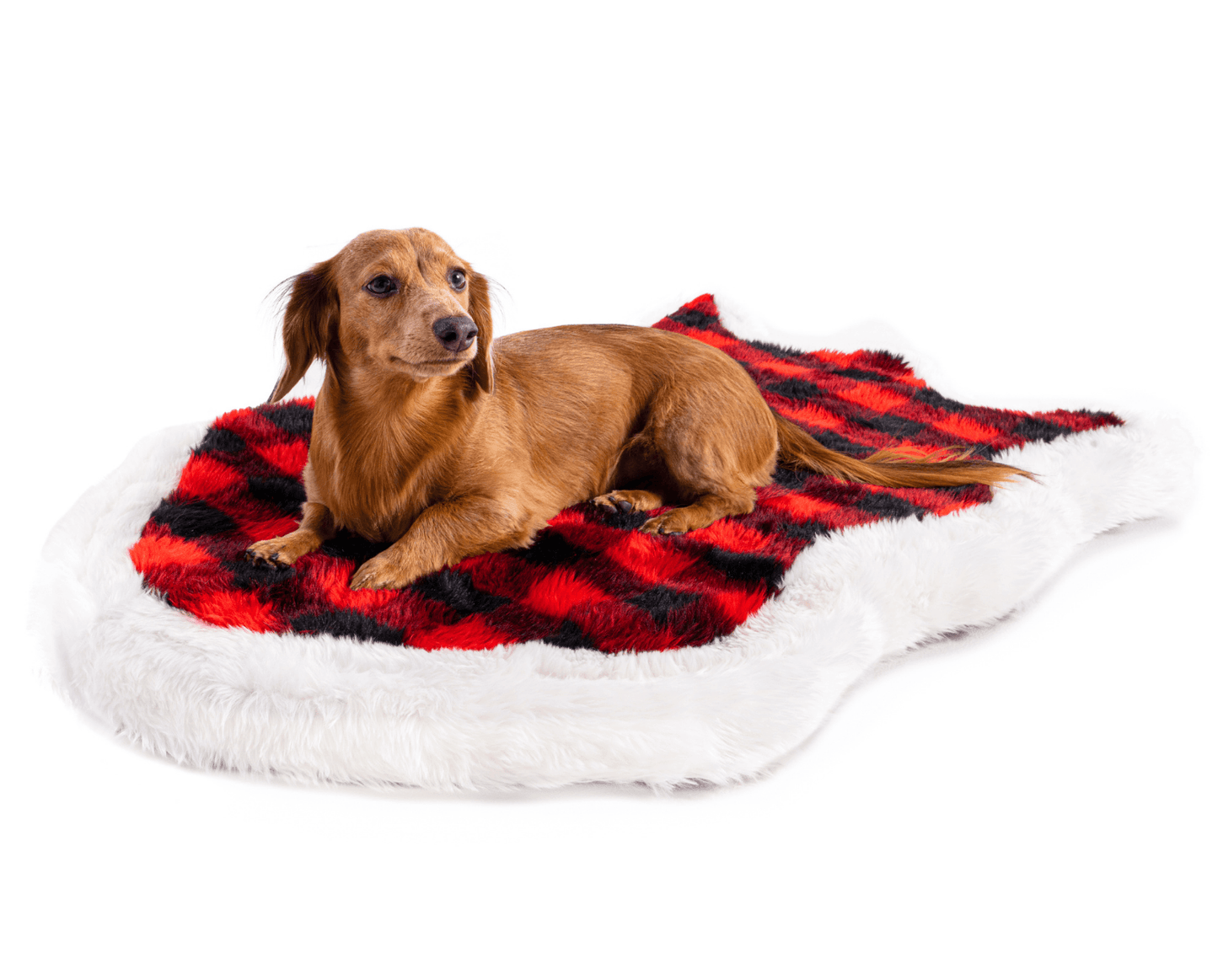 PupRug® Komfortabler Hundebett-Bezug aus Faux-Fell – Elegantes Kurven-Design in Rot & Schwarz Karomuster (Bett nicht im Lieferumfang enthalten)