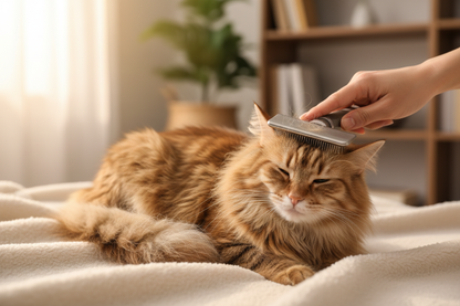 grooming brush being used on cat