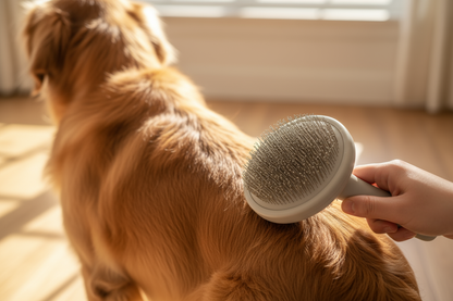 the pet grooming brush with a circular head and thin bristles facing the dog. While the dog is facing away